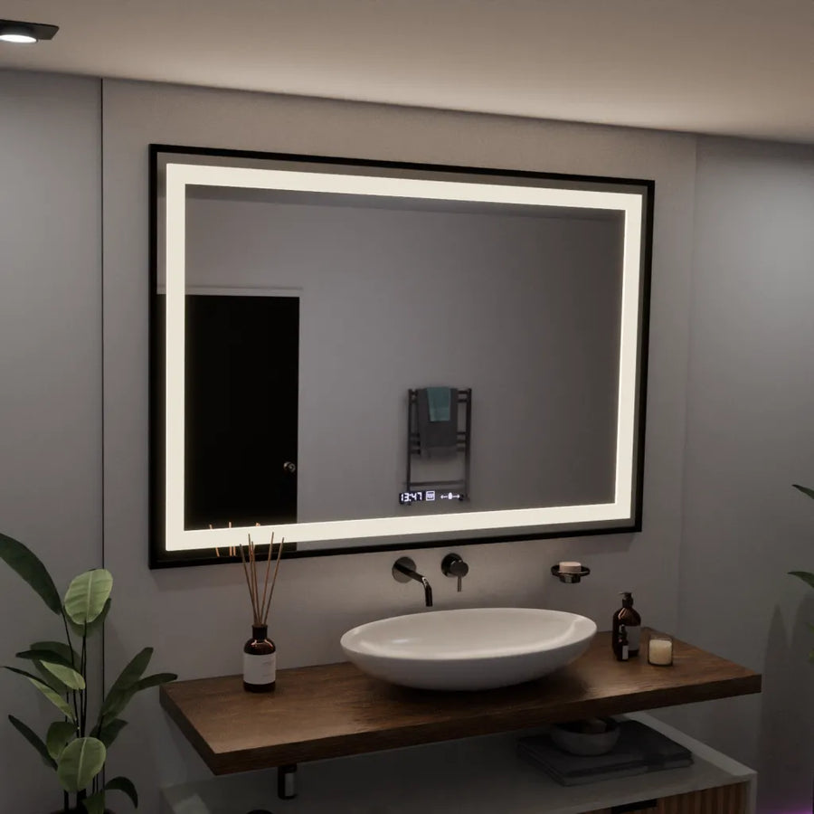 Négyszögletű LED-es tükör, 100x65 cm, Verite Majeste Noir Motion Glow Marcello, páramentesítő rendszer, óra és hőmérő, szabályozható tükrök Marcello alapértelmezett cím Alessandro Design