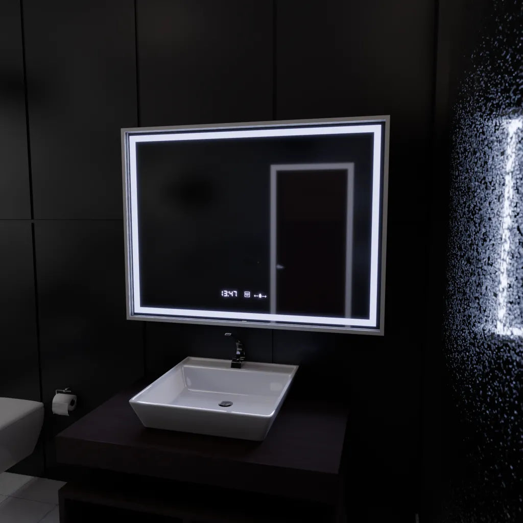 Négyszögletű LED-es tükör, 80x60 cm, Verite Imperial Silver Motion Glow Marcello, páramentesítő rendszer, óra és hőmérő, szabályozható tükrök Marcello alapértelmezett cím Alessandro Design