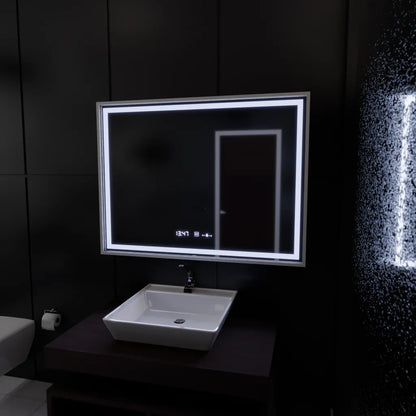 Négyszögletű LED-es tükör, 80x60 cm, Verite Imperial Silver Motion Glow Marcello, páramentesítő rendszer, óra és hőmérő, szabályozható tükrök Marcello alapértelmezett cím Alessandro Design