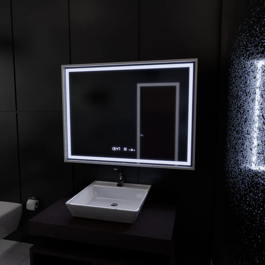 Négyszögletű LED-es tükör, 120x80 cm, Verite Imperial Silver Motion Glow Marcello, páramentesítő rendszer, óra és hőmérő, szabályozható tükrök Marcello alapértelmezett cím Alessandro Design