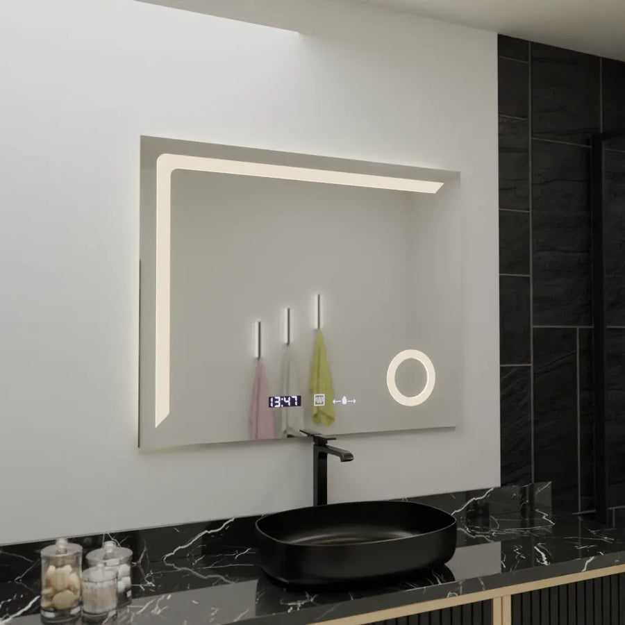 Négyszögletű LED-es tükör, 100x80 cm, Precision MotionGlow Marcello, páramentesítő rendszer, óra és hőmérő, kozmetikai nagyító, szabályozható tükrök Marcello alapértelmezett cím Alessandro Design