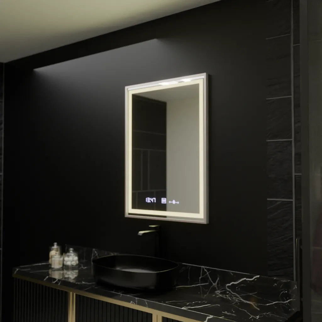 Négyszögletű LED-es tükör, 60x80 cm, Verite Imperial Silver Motion Glow Marcello, páramentesítő rendszer, óra és hőmérő, szabályozható tükrök Marcello alapértelmezett cím Alessandro Design