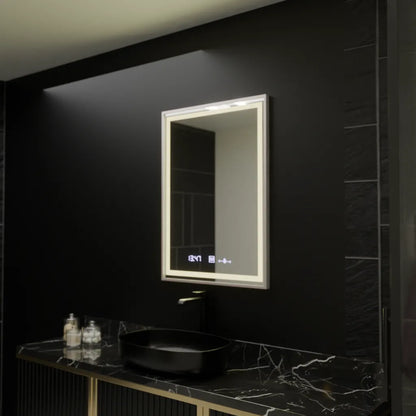 Négyszögletű LED-es tükör, 60x80 cm, Verite Imperial Silver Motion Glow Marcello, páramentesítő rendszer, óra és hőmérő, szabályozható tükrök Marcello alapértelmezett cím Alessandro Design