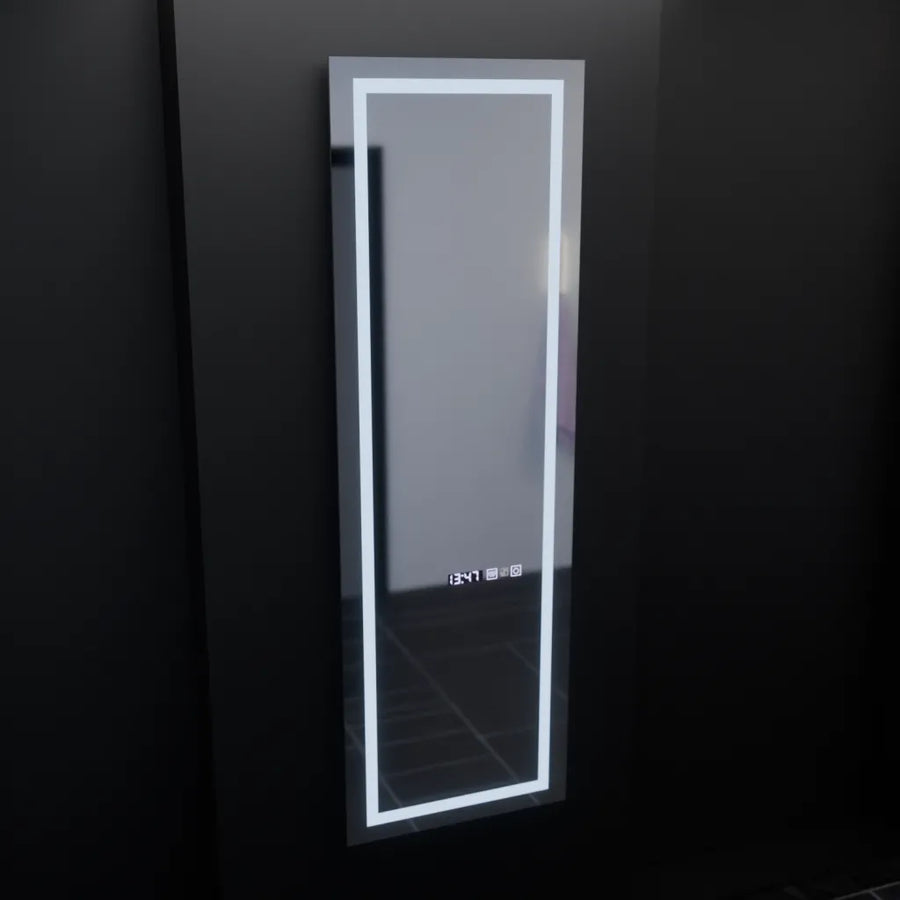 Négyszögletű LED-es tükör, 45x140 cm, Giulia Marcello radarérzékelő, páramentesítő rendszer, óra és hőmérő, Dimabila, öltözködési Couture öltözőtükrök alapértelmezett cím Alessandro Design