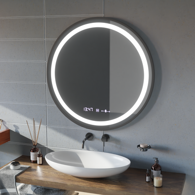 Kerek LED -tükör, 80 cm, Celeste Majesté Noir Motionglow Marcello, leolvasztási rendszer, óra és hőmérő, dimálható
