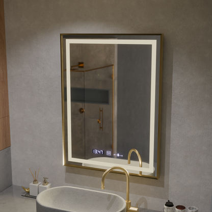 Négyszögletű LED-es tükör, 60x80 cm, Verite Royale Gold MotionGlow Marcello, páramentesítő rendszer, óra és hőmérő, szabályozható tükrök Marcello alapértelmezett cím Alessandro Design