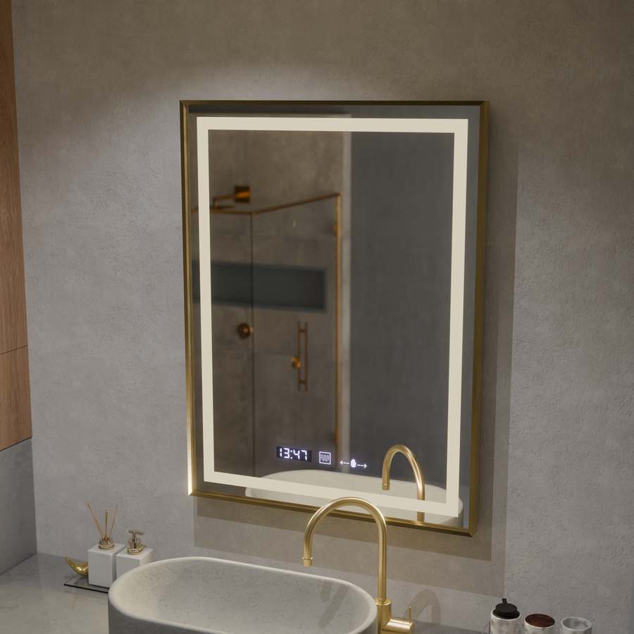 Négyszögletű LED-es tükör, 60x80 cm, Verite Royale Gold MotionGlow Marcello, páramentesítő rendszer, óra és hőmérő, szabályozható tükrök Marcello alapértelmezett cím Alessandro Design