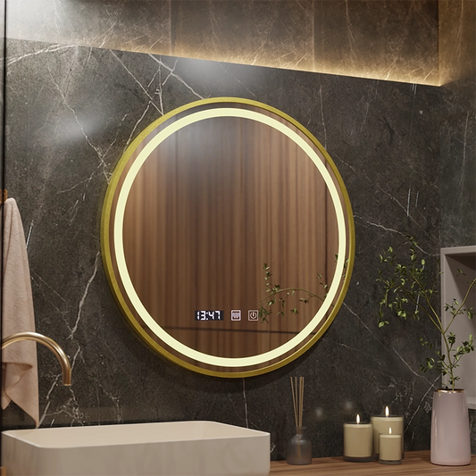 LUSSO LED érintőtükör, páramentesítő rendszer, óra és hőmérséklet, átmérő 60 cm, szálcsiszolt arany keret, semleges, meleg fény 3000K/4500K/6000K, szabályozható