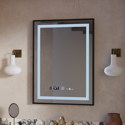 Négyszögletű LED-es tükör, 50x70 cm, Verite Majeste Noir Motion Glow Marcello, páramentesítő rendszer, óra és hőmérő, szabályozható tükrök Marcello alapértelmezett cím Alessandro Design