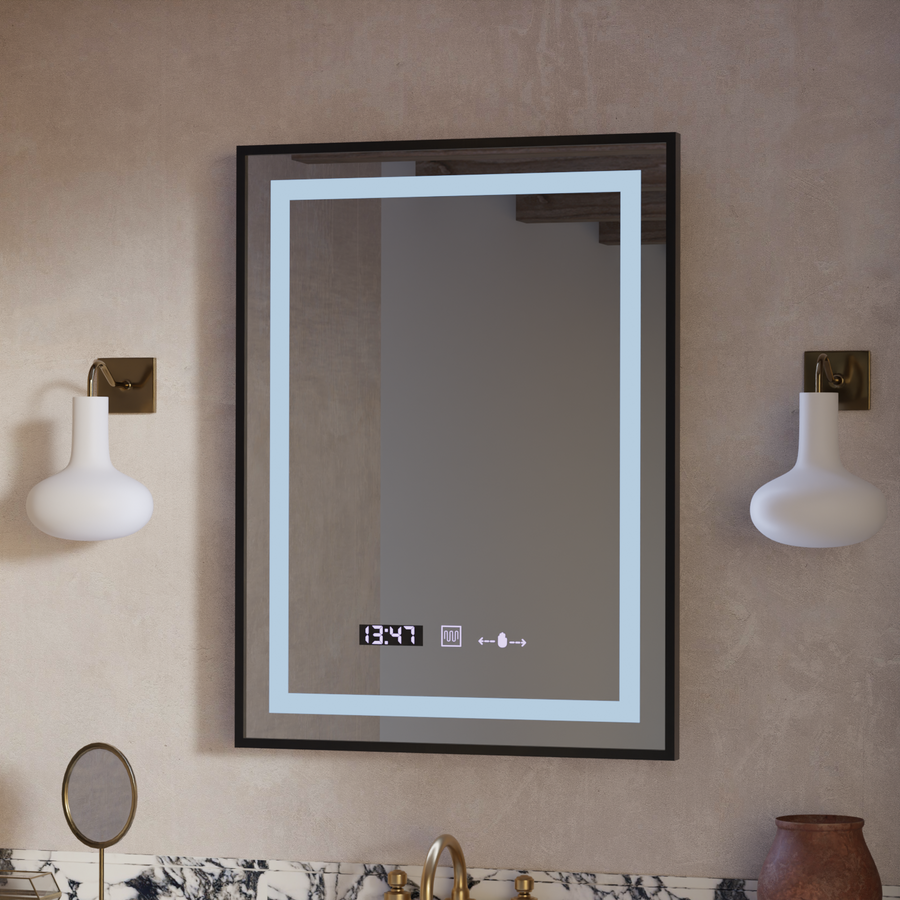 Négyszögletű LED-es tükör, 50x70 cm, Verite Majeste Noir Motion Glow Marcello, páramentesítő rendszer, óra és hőmérő, szabályozható tükrök Marcello alapértelmezett cím Alessandro Design