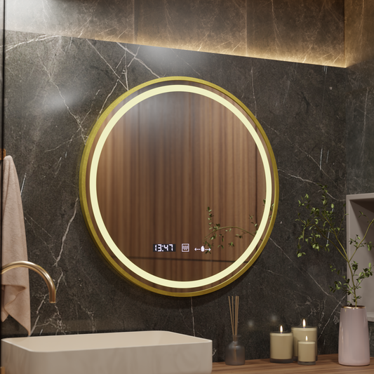 LED-es kerek tükör, 80 cm, Celeste Royale Gold MotionGlow Marcello, páramentesítő rendszer, óra és hőmérő, szabályozható tükrök Marcello alapértelmezett cím Alessandro Design