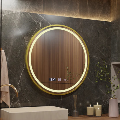 Kerek LED-es tükör, 60 cm, Celeste Royale Gold Eleve MotionGlow Marcello, páramentesítő rendszer, óra és hőmérő, szabályozható, levehető szíj Marcello tükrök alapértelmezett cím Alessandro Design