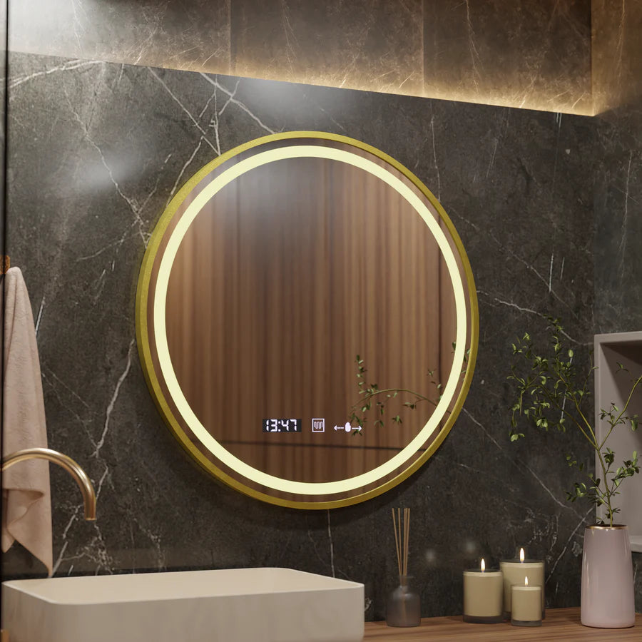 Kerek LED-es tükör, 60 cm, Celeste Royale Gold Eleve MotionGlow Marcello, páramentesítő rendszer, óra és hőmérő, szabályozható, levehető szíj Marcello tükrök alapértelmezett cím Alessandro Design