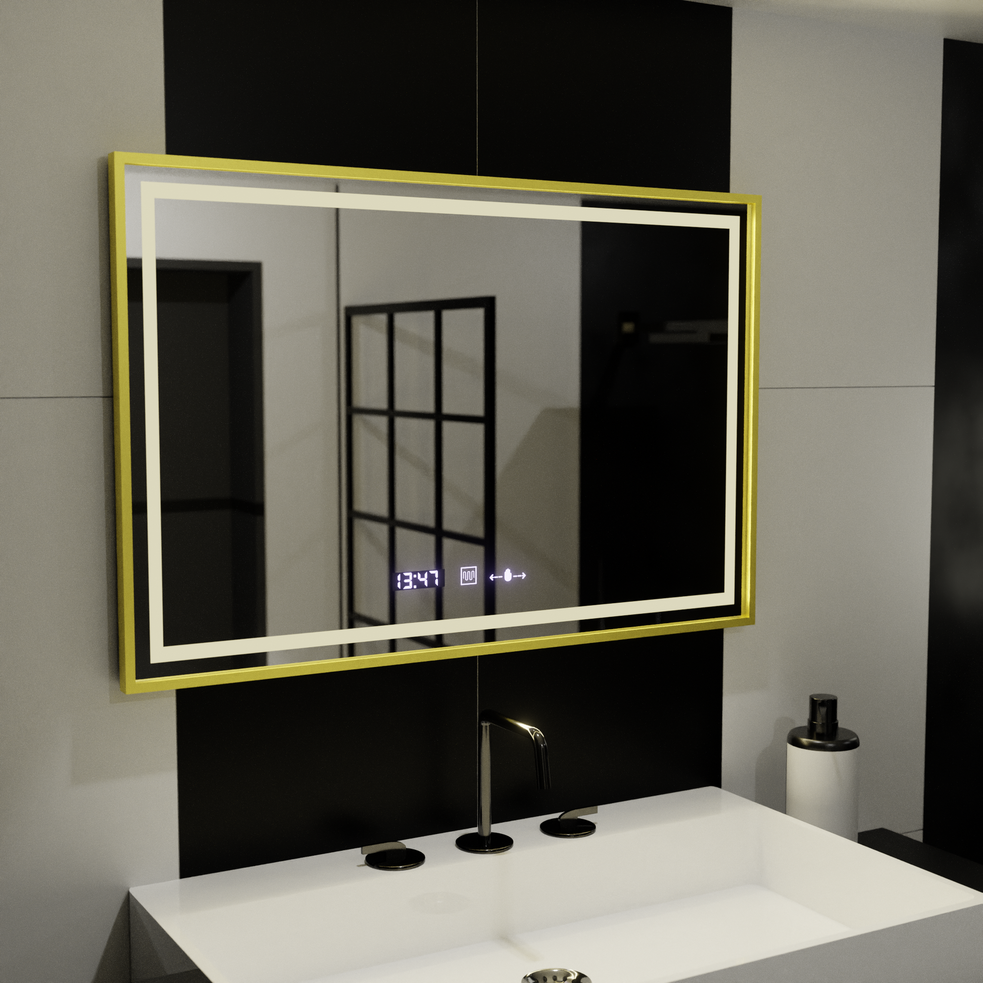 Négyszögletű LED-es tükör, 120x80 cm, Verite Royale Gold MotionGlow Marcello, páramentesítő rendszer, óra és hőmérő, szabályozható tükrök Marcello alapértelmezett cím Alessandro Design