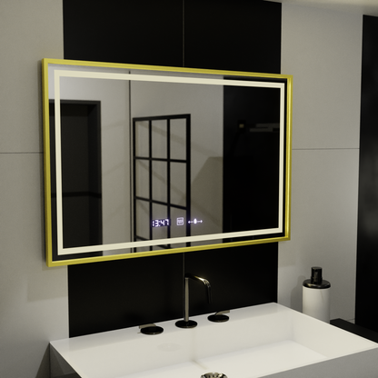 Négyszögletű LED-es tükör, 120x80 cm, Verite Royale Gold MotionGlow Marcello, páramentesítő rendszer, óra és hőmérő, szabályozható tükrök Marcello alapértelmezett cím Alessandro Design
