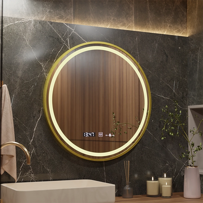 LED kerek tükör, 70 cm, Celeste Royale Gold MotionGlow Marcello, páramentesítő rendszer, óra és hőmérő, szabályozható
