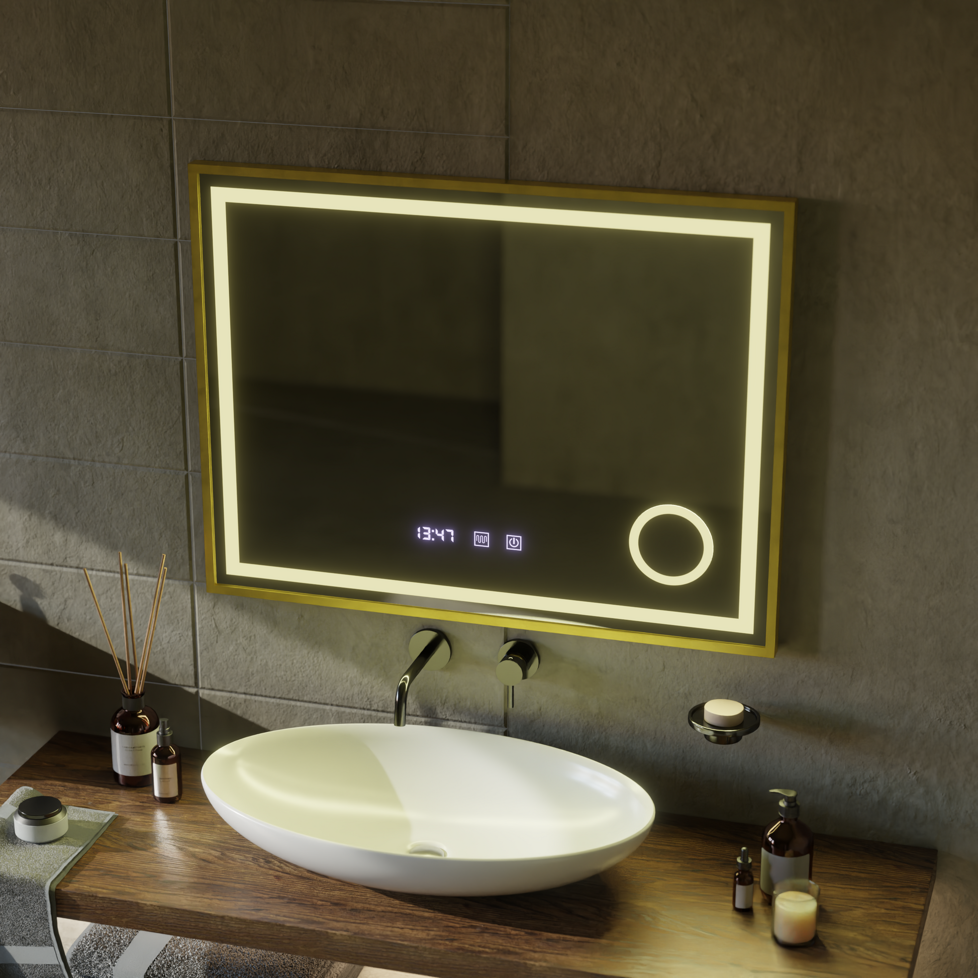 LED érintőképernyős CLARUS tükör páramentesítő rendszer, óra és hőmérséklet 80x60 cm arany keretben csiszolt kozmetikai nagyító tükrök Korman S alapértelmezett cím Alessandro Design