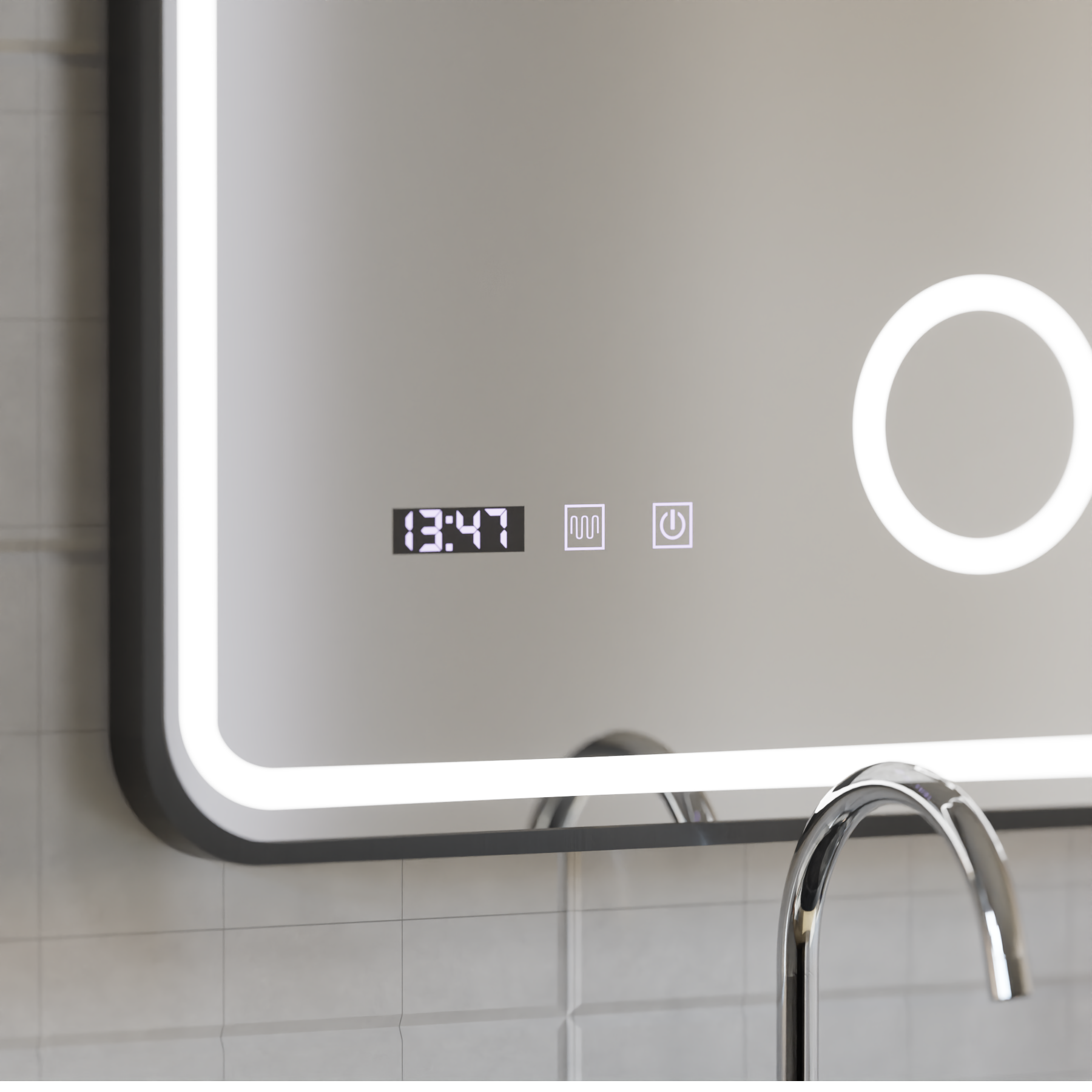 Ulrich LED Touch Mirror páramentesítő rendszer, óra és hőmérséklet 75x90 cm fekete keret szálcsiszolt kozmetikai nagyító tükrök Korman S alapértelmezett cím Alessandro Design