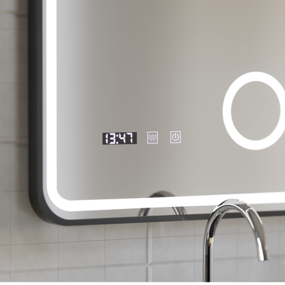 Ulrich LED Touch Mirror páramentesítő rendszer, óra és hőmérséklet 75x90 cm fekete keret szálcsiszolt kozmetikai nagyító tükrök Korman S alapértelmezett cím Alessandro Design