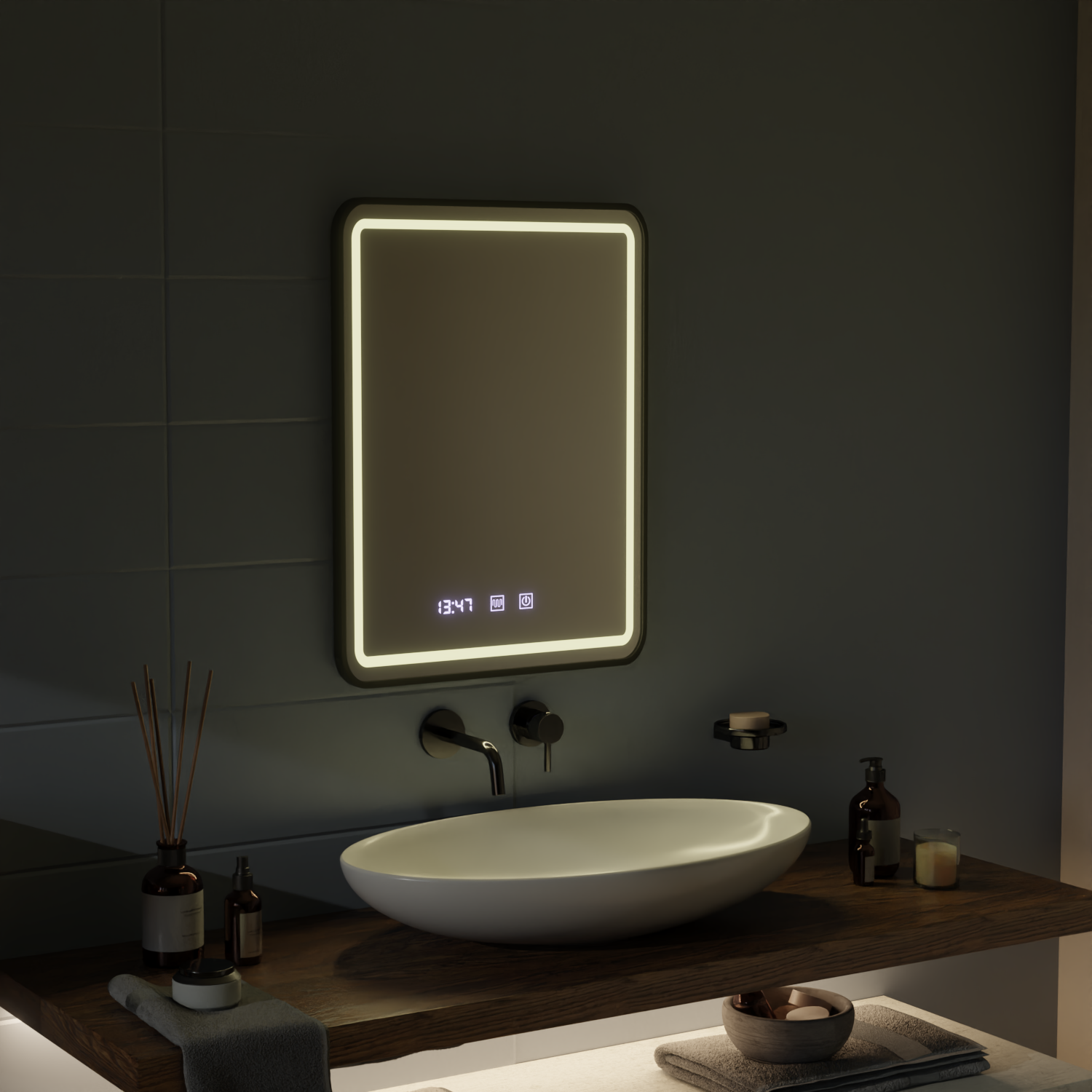 Mirror LED Touch LUCIDA páramentesítő rendszer, óra és hőmérséklet 60x80 cm keret Fekete csiszolt tükrök Korman S alapértelmezett cím Alessandro Design