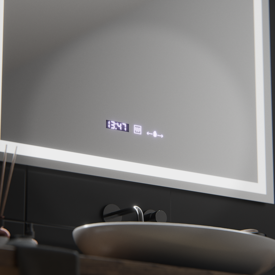 Négyszögletű LED-es tükör, 100x75 cm, Verite MotionGlow Marcello, páramentesítő rendszer, óra és hőmérő, szabályozható Marcello tükrök alapértelmezett cím Alessandro Design