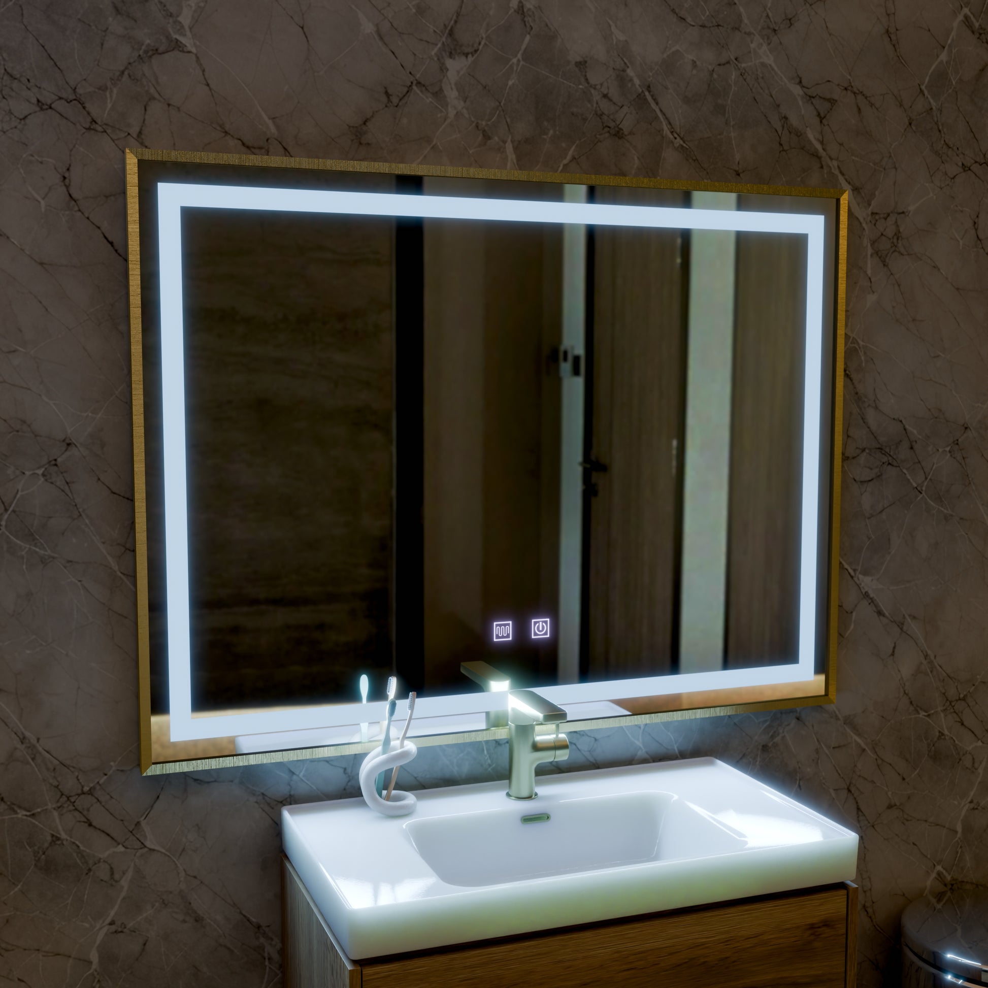 RAYNA Touch LED tükör, 80x60 cm, Páramentesítő funkció, Polírozott arany keretű Tükrök Korman E Alapértelmezett cím Alessandro Design
