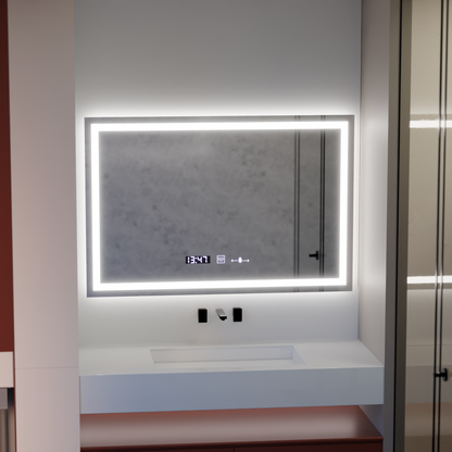 Négyszögletű LED-es tükör 120x80cm Vérité MotionGlow Marcello, páramentesítő rendszer, óra és hőmérő, szabályozható tükrök Marcello alapértelmezett cím Alessandro Design