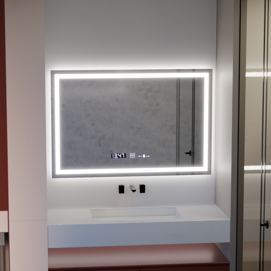 Négyszögletű LED-es tükör 120x80cm Vérité MotionGlow Marcello, páramentesítő rendszer, óra és hőmérő, szabályozható tükrök Marcello alapértelmezett cím Alessandro Design