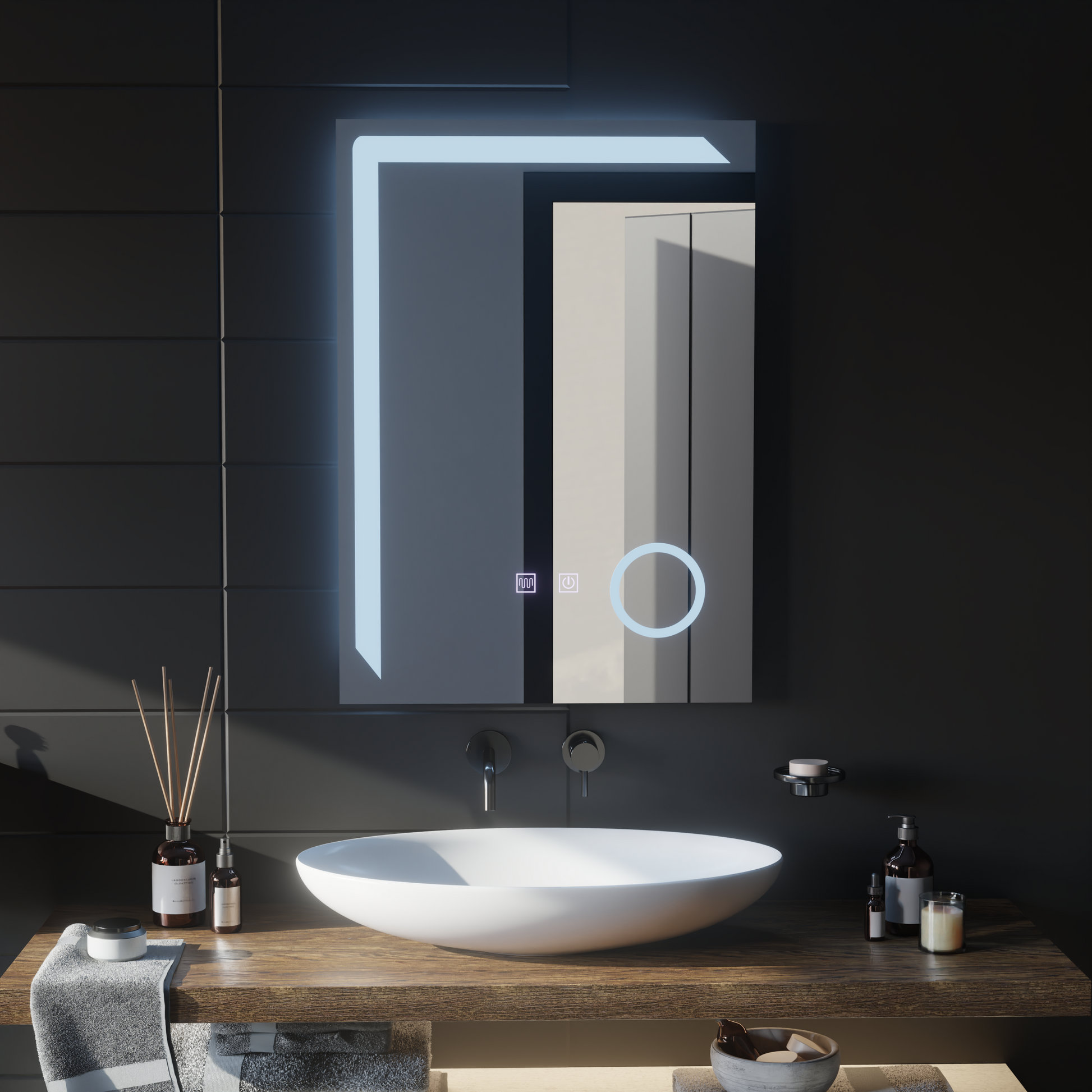 Négyszögletű LED-es tükör, 60x80 cm, Linea Touch, páramentesítő rendszer, szabályozható tükrök Korman E alapértelmezett cím Alessandro Design