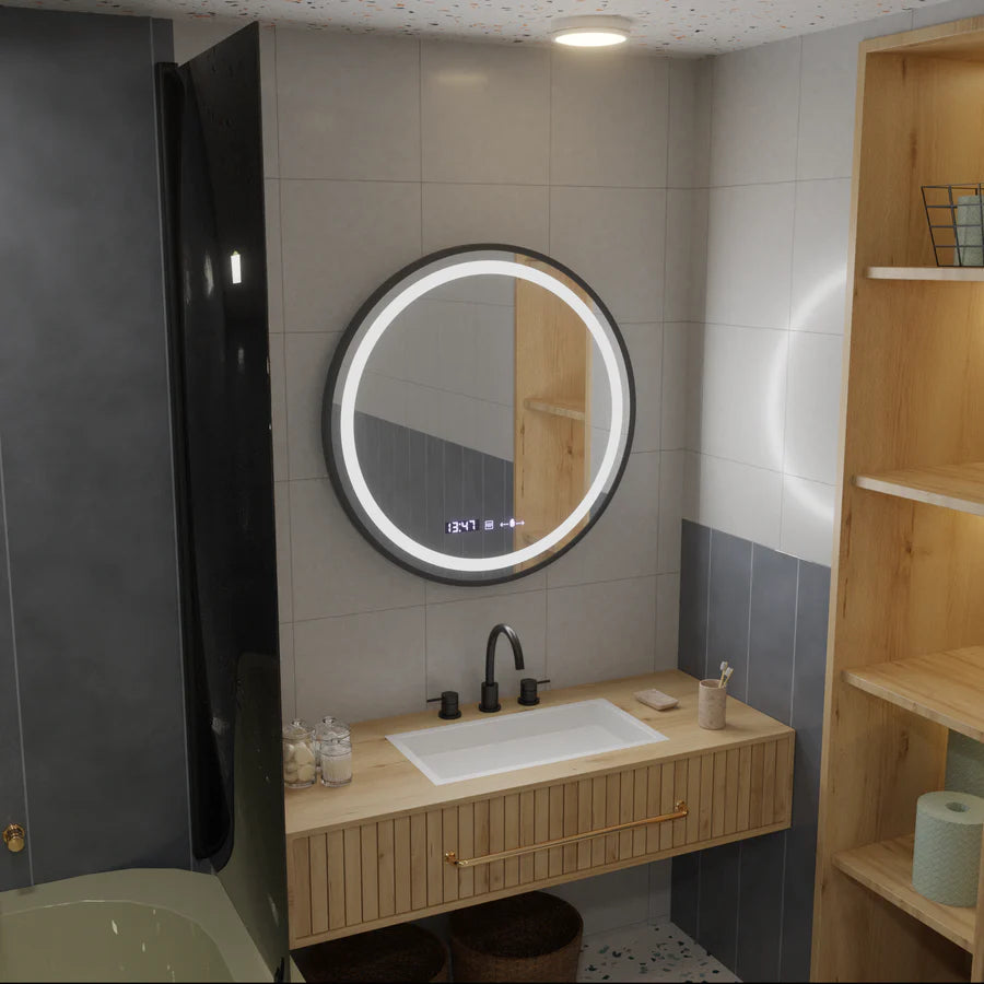 LED kerek tükör, 60 cm, Celeste Majeste Noir Eleve MotionGlow Marcello, páramentesítő rendszer, óra és hőmérő, szabályozható tükrök Marcello alapértelmezett cím Alessandro Design