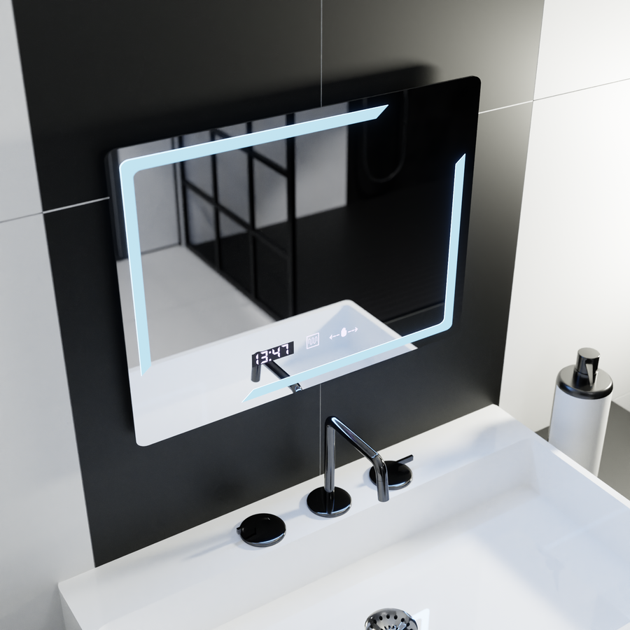 Négyszögletű LED-es tükör, 80x60 cm, Rayonnement MotionGlow Marcello, Demister rendszer, óra és hőmérő, szabályozható tükrök Marcello alapértelmezett cím Alessandro Design