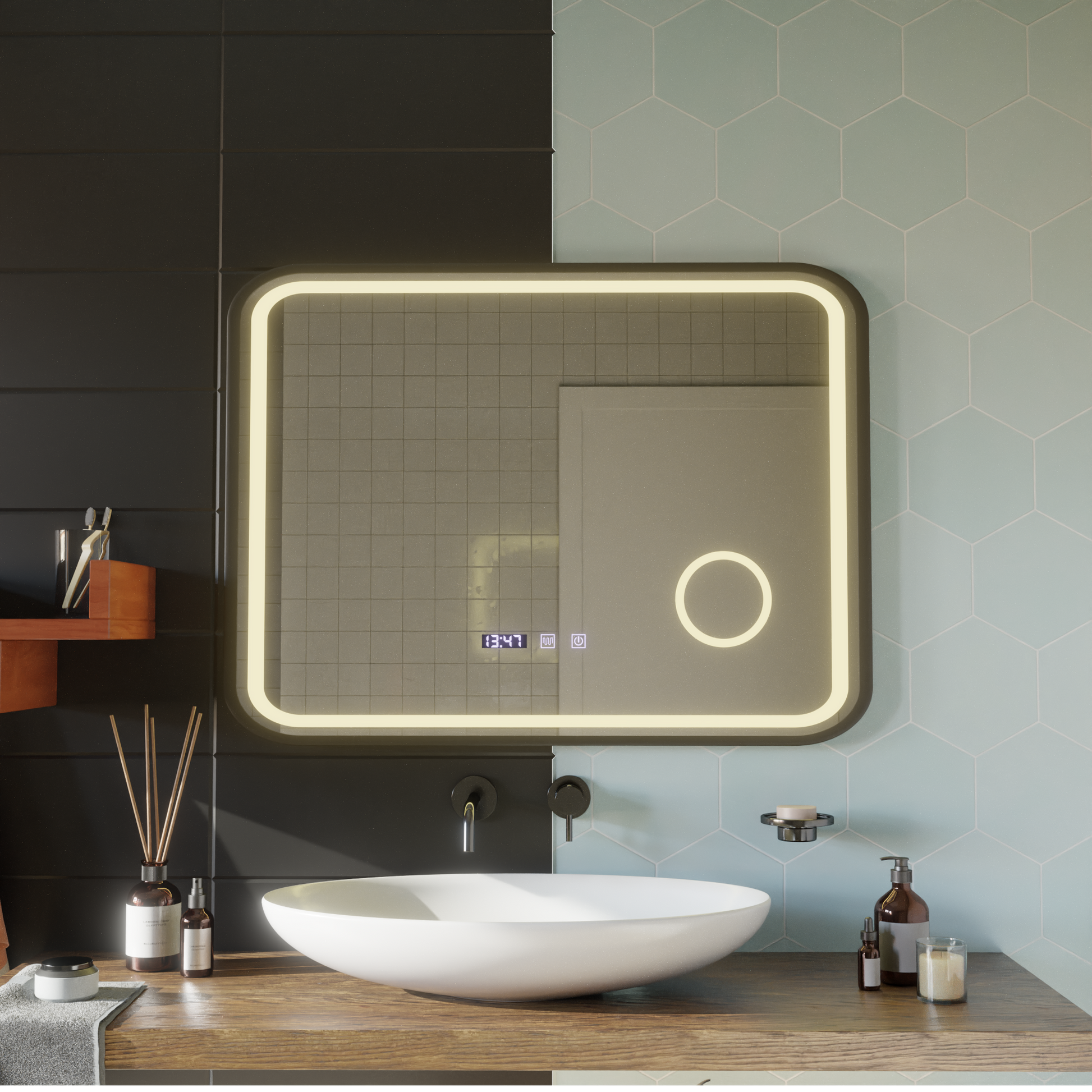 LED Touch Bernd Mirror páramentesítő rendszer, óra és hőmérséklet 80x60 cm fekete keret szálcsiszolt kozmetikai nagyító tükrök Korman S alapértelmezett cím Alessandro Design