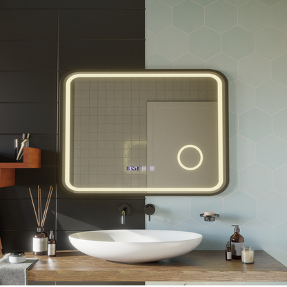 LED Touch Bernd Mirror páramentesítő rendszer, óra és hőmérséklet 80x60 cm fekete keret szálcsiszolt kozmetikai nagyító tükrök Korman S alapértelmezett cím Alessandro Design