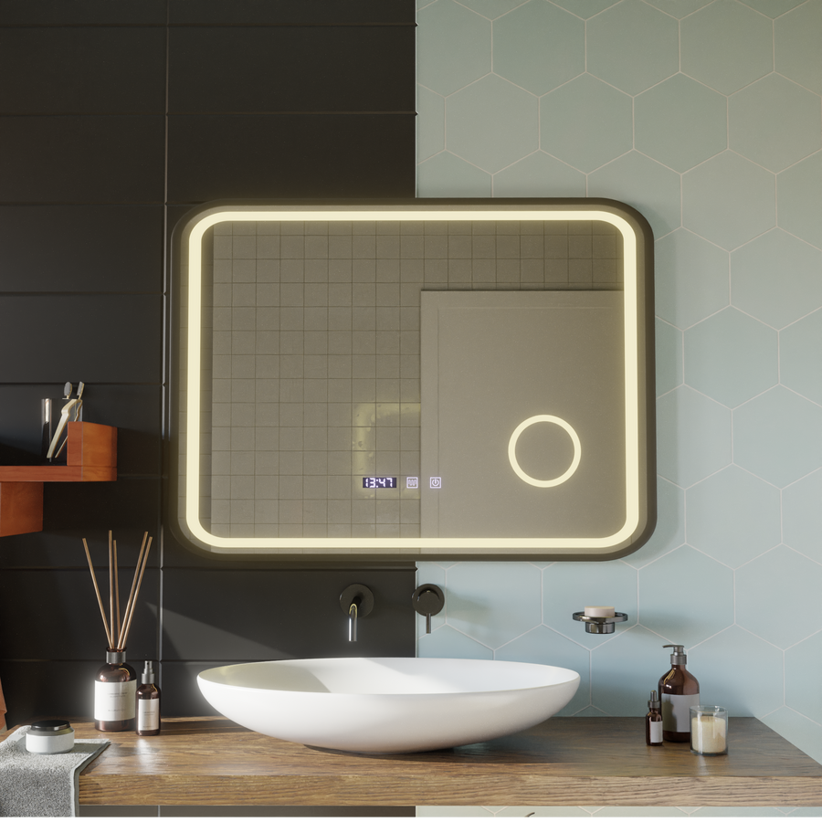 LED Touch Bernd Mirror páramentesítő rendszer, óra és hőmérséklet 80x60 cm fekete keret szálcsiszolt kozmetikai nagyító tükrök Korman S alapértelmezett cím Alessandro Design