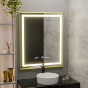 Négyszögletű LED-es tükör, 75x90 cm, Verite Royale Gold MotionGlow Marcello, páramentesítő rendszer, óra és hőmérő, szabályozható tükrök Marcello alapértelmezett cím Alessandro Design
