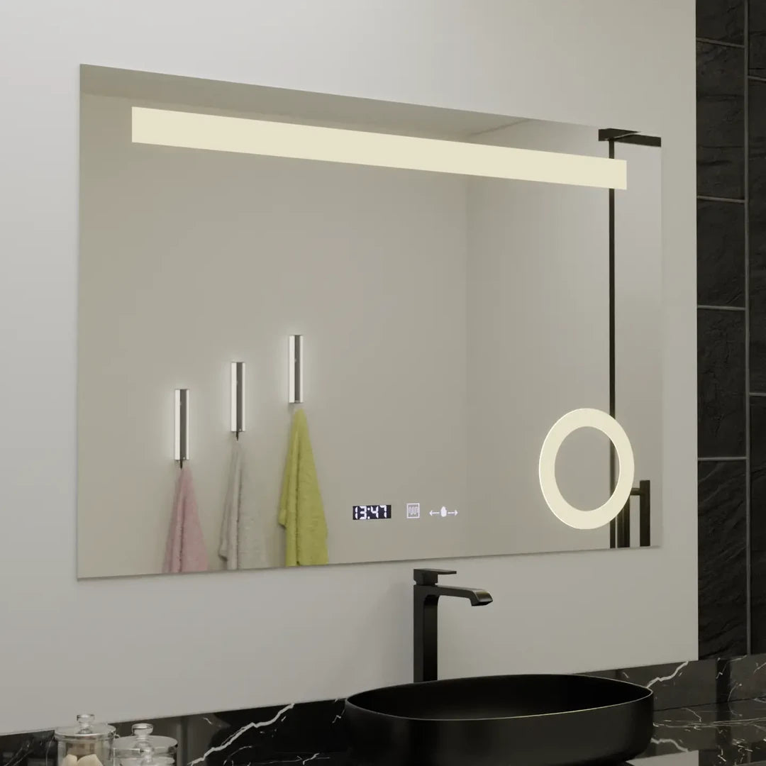 Négyszögletű LED-es tükör, 80x60 cm, ABSOLU MotionGlow Marcello, páramentesítő rendszer, óra és hőmérő, kozmetikai nagyító, szabályozható tükrök Marcello alapértelmezett cím Alessandro Design