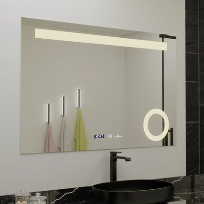 Négyszögletű LED-es tükör, 80x60 cm, ABSOLU MotionGlow Marcello, páramentesítő rendszer, óra és hőmérő, kozmetikai nagyító, szabályozható tükrök Marcello alapértelmezett cím Alessandro Design
