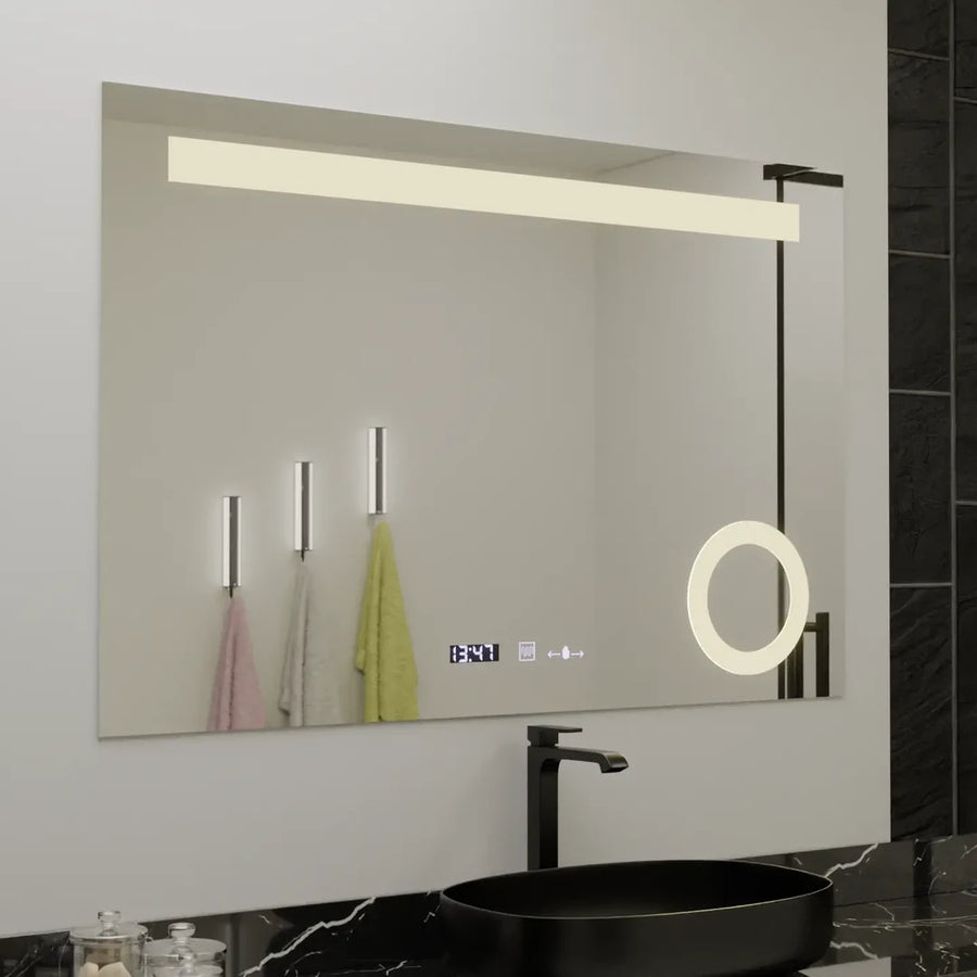 Négyszögletű LED-es tükör, 80x60 cm, ABSOLU MotionGlow Marcello, páramentesítő rendszer, óra és hőmérő, kozmetikai nagyító, szabályozható tükrök Marcello alapértelmezett cím Alessandro Design