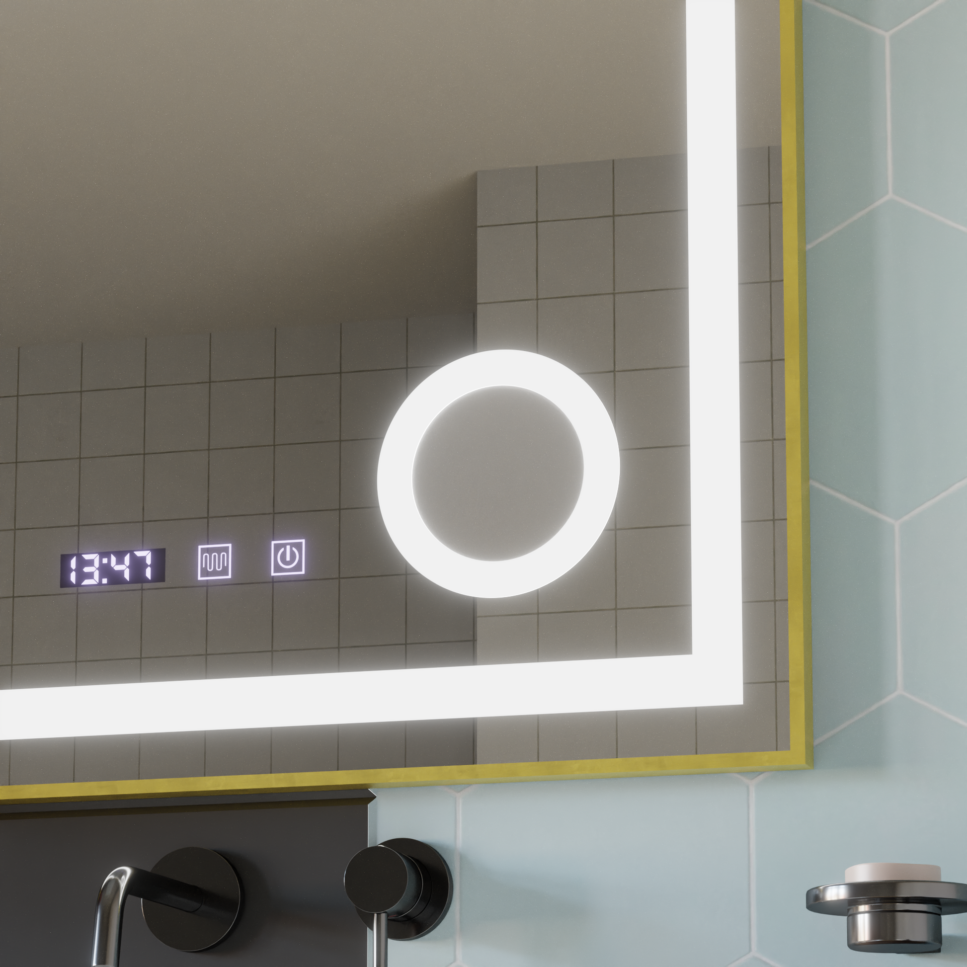 LED érintőképernyős CLARUS tükör páramentesítő rendszer, óra és hőmérséklet 80x60 cm arany keretben csiszolt kozmetikai nagyító tükrök Korman S alapértelmezett cím Alessandro Design