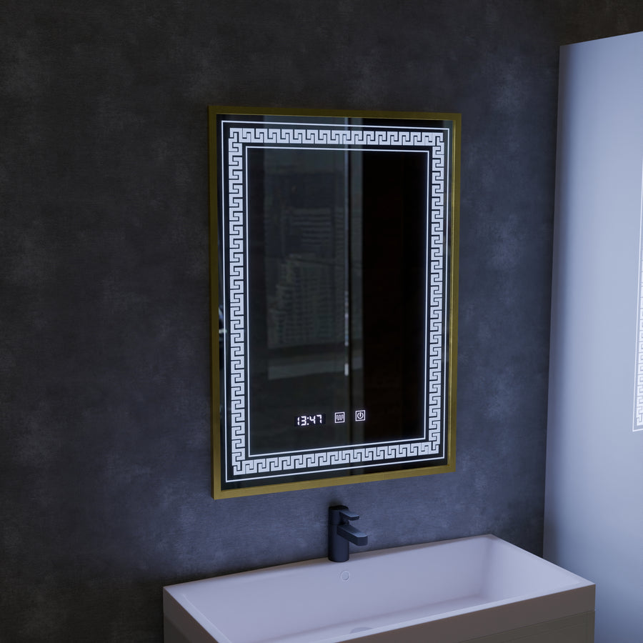 Mirror LED Touch Bruno páramentesítő rendszer, óra és hőmérséklet 60x80 cm szálcsiszolt arany keret, S84/60X80 tükrök Korman S alapértelmezett cím Alessandro Design