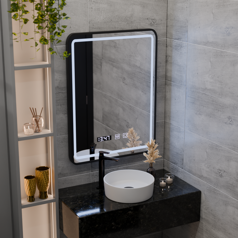 Mirror LED Touch LUCIDA páramentesítő rendszer, óra és hőmérséklet 50x70 cm keret Fekete csiszolt tükrök Korman S alapértelmezett cím Alessandro Design