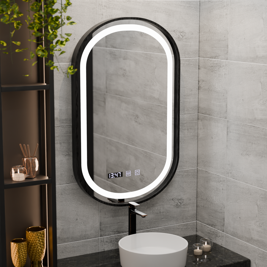 Helmut LED Touch Mirror páramentesítő rendszer, óra és hőmérséklet 50x80 cm fekete keret szálcsiszolt Marcello Funghi