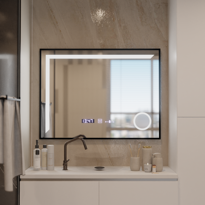 LED tükör érzékelő MotionGlow Francesca 80x60 cm meleg/hideg/semleges fény szabályozható fekete keret szálcsiszolt páramentesítő rendszer hőmérő óra Marcello Funghi kollekció Marcello tükrök alapértelmezett cím Alessandro Design
