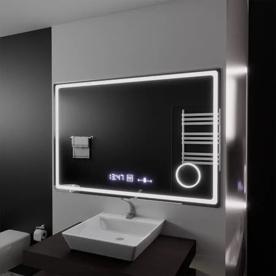 Négyszögletű LED-es tükör, 120x80 cm, Souverain MotionGlow Marcello, páramentesítő rendszer, óra és hőmérő, kozmetikai nagyító, szabályozható Marcello tükör Alapértelmezett cím Alessandro Design