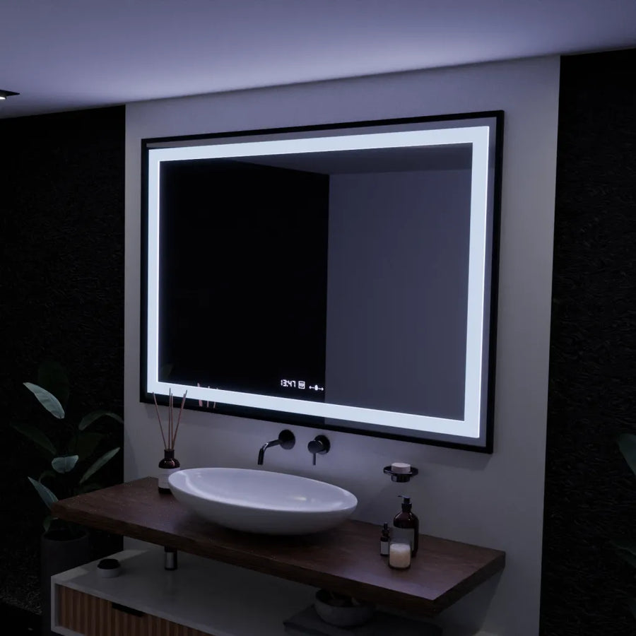 Négyszögletű LED-es tükör, 100x65 cm, Verite Majeste Noir Motion Glow Marcello, páramentesítő rendszer, óra és hőmérő, szabályozható tükrök Marcello alapértelmezett cím Alessandro Design