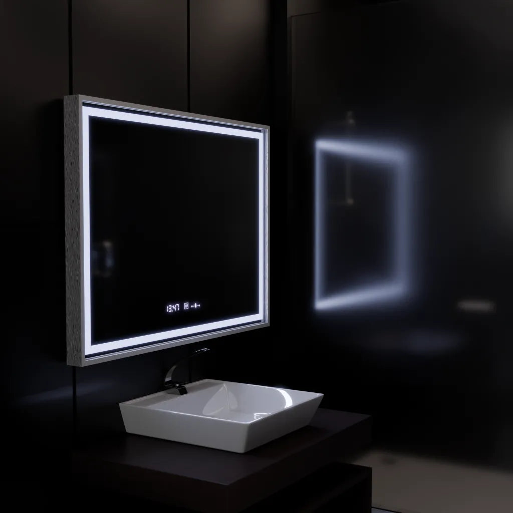 Négyszögletű LED-es tükör, 80x60 cm, Verite Imperial Silver Motion Glow Marcello, páramentesítő rendszer, óra és hőmérő, szabályozható tükrök Marcello alapértelmezett cím Alessandro Design