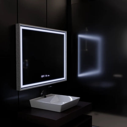 Négyszögletű LED-es tükör, 80x60 cm, Verite Imperial Silver Motion Glow Marcello, páramentesítő rendszer, óra és hőmérő, szabályozható tükrök Marcello alapértelmezett cím Alessandro Design