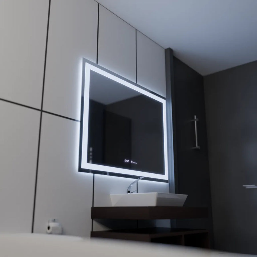 Négyszögletű LED-es tükör 120x80cm Vérité MotionGlow Marcello, páramentesítő rendszer, óra és hőmérő, szabályozható tükrök Marcello alapértelmezett cím Alessandro Design
