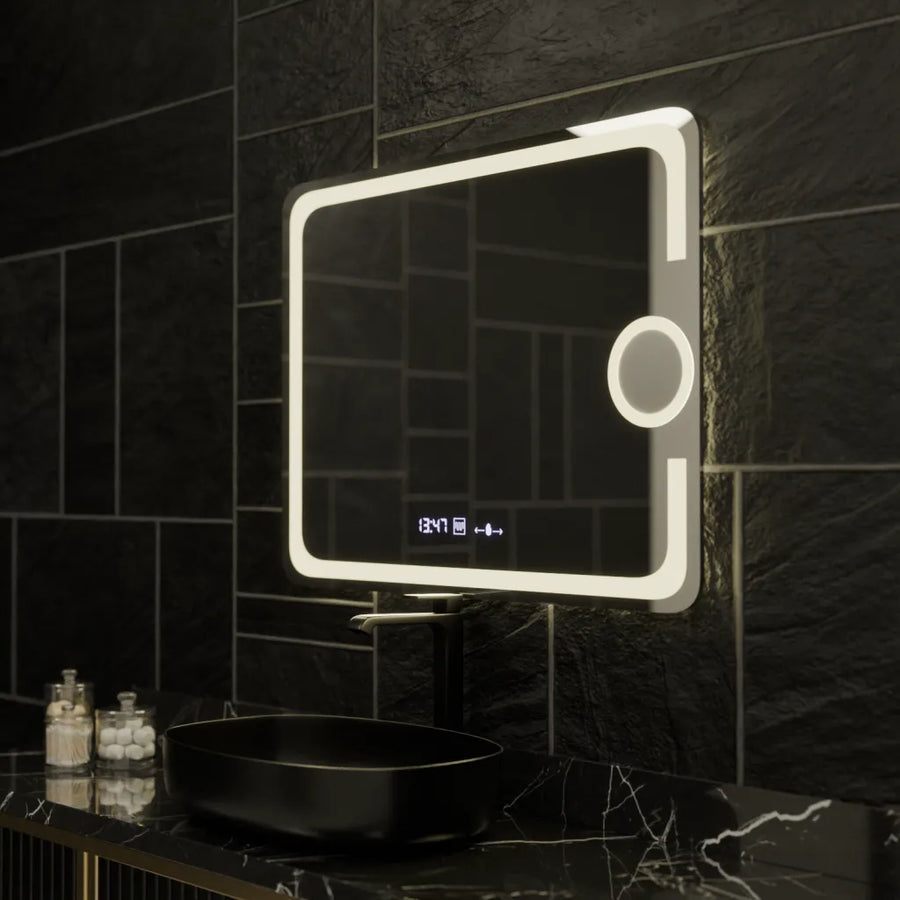 Négyszögletű LED-es tükör, 80x60 cm, Eclat MotionGlow Marcello, páramentesítő rendszer, óra és hőmérő, kozmetikai nagyító, szabályozható Marcello tükrök alapértelmezett cím Alessandro Design