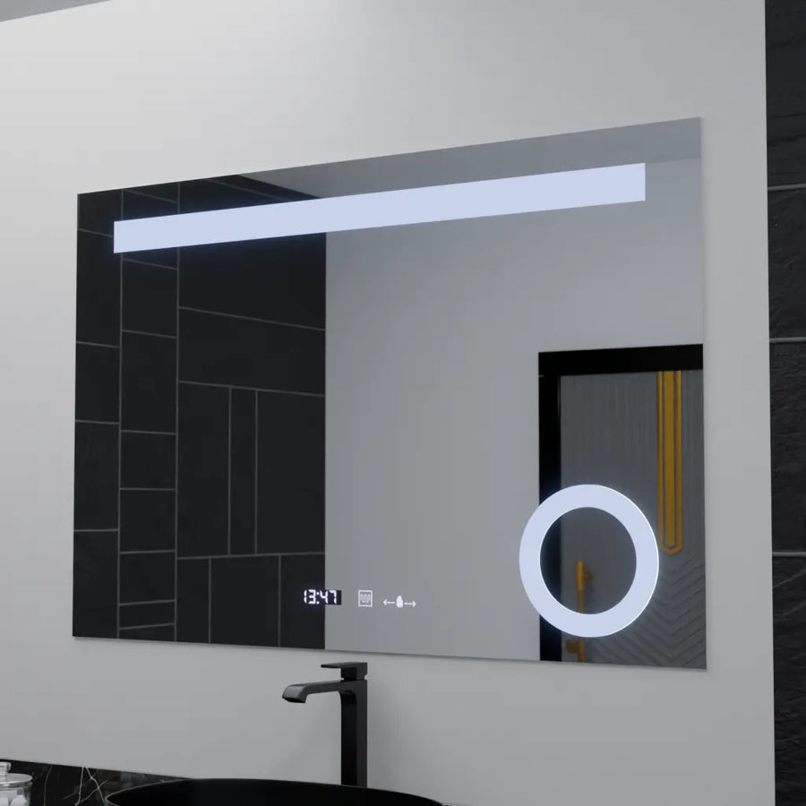 Négyszögletű LED-es tükör, 120x80 cm, ABSOLU MotionGlow Marcello, páramentesítő rendszer, óra és hőmérő, kozmetikai nagyító, fényerősíthető tükrök Marcello alapértelmezett cím Alessandro Design